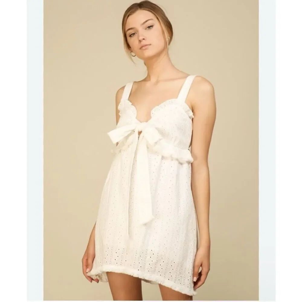 Line & Dot Claire Babydoll Mini Dress White Eyelet Tie Front XS Coquette Fairy